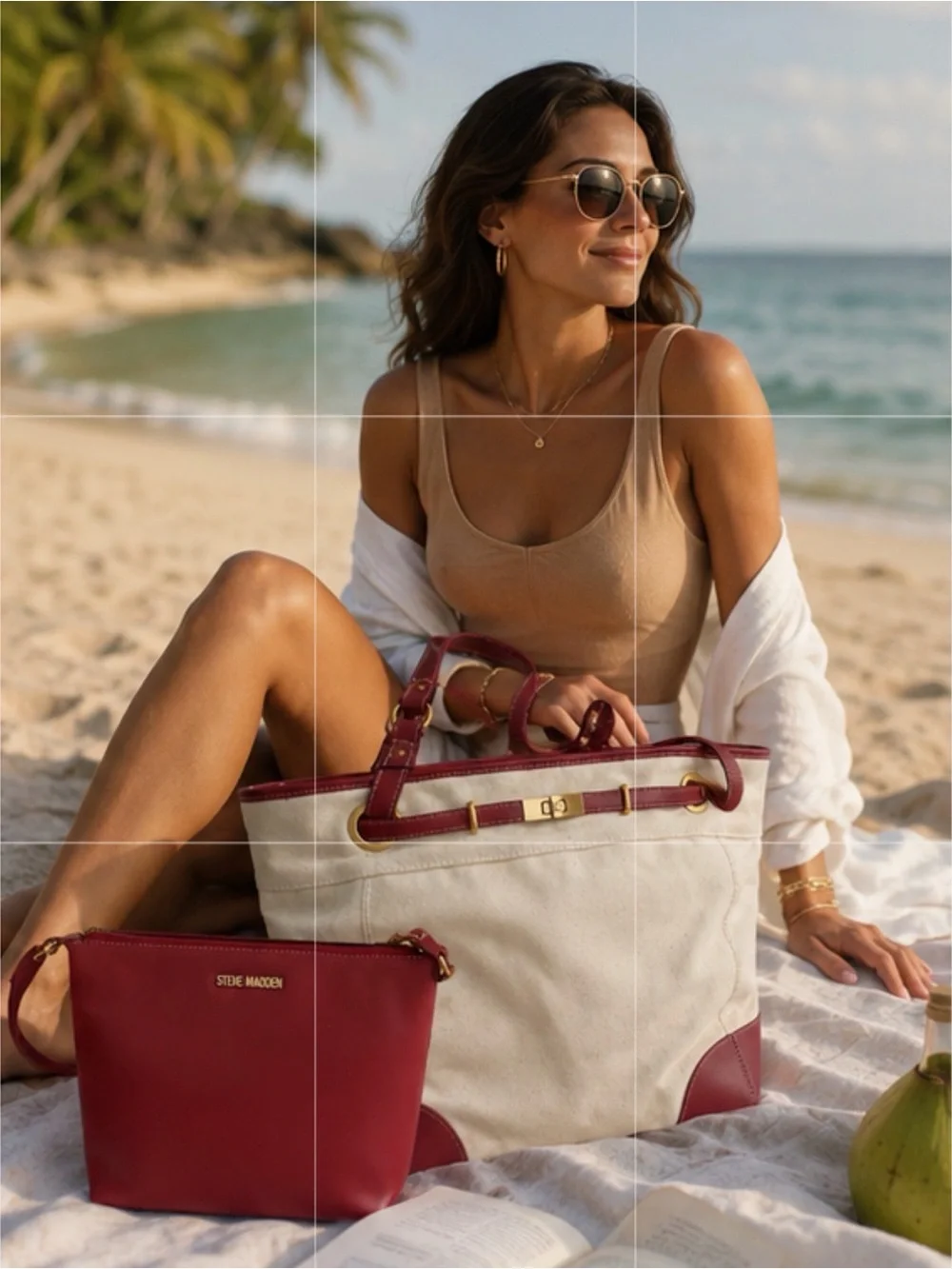 Steve Madden | Wine Canvas Boatkin Vacation Tote w/ Separate Purse & Crossbody